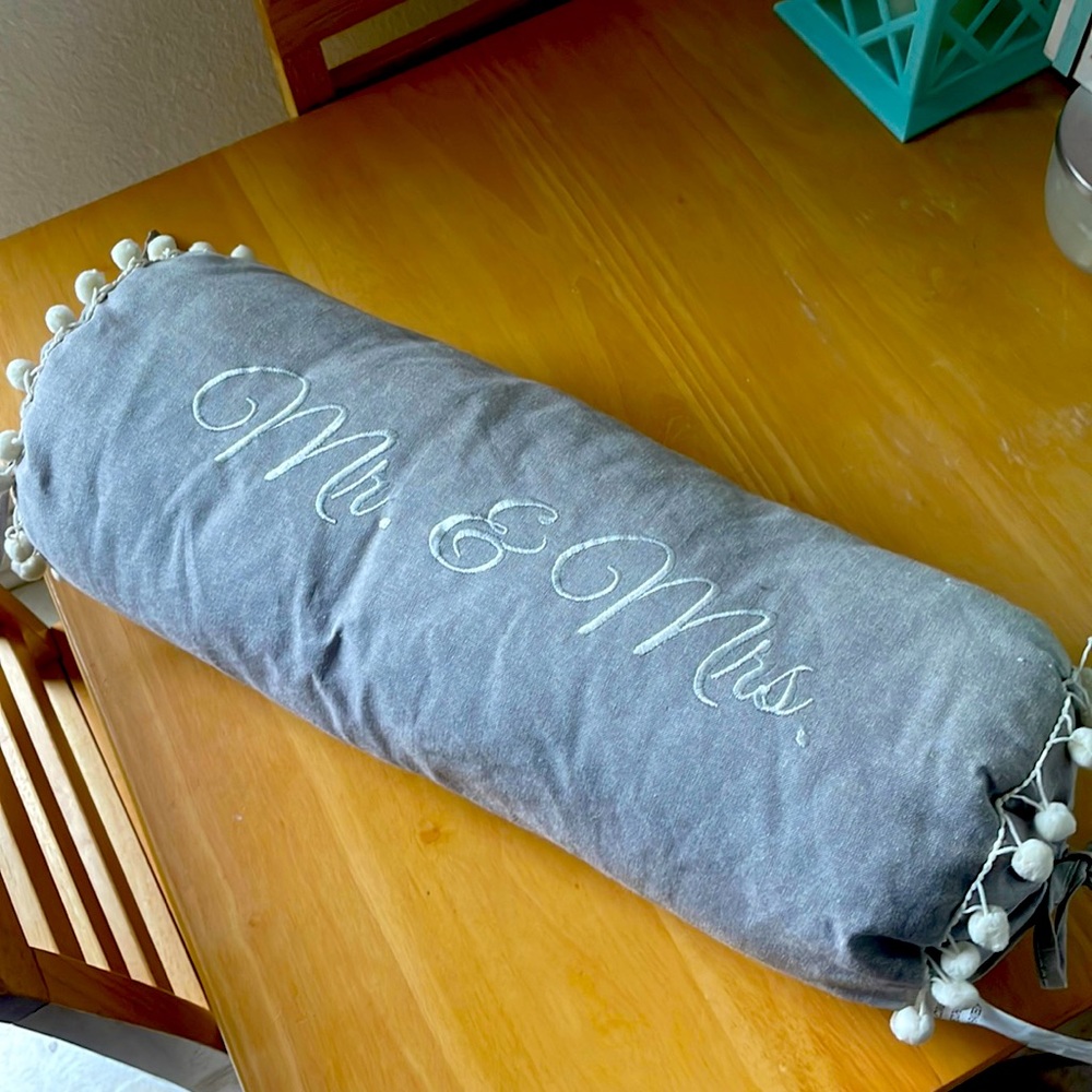Gray roll pillow Mr & Mrs
